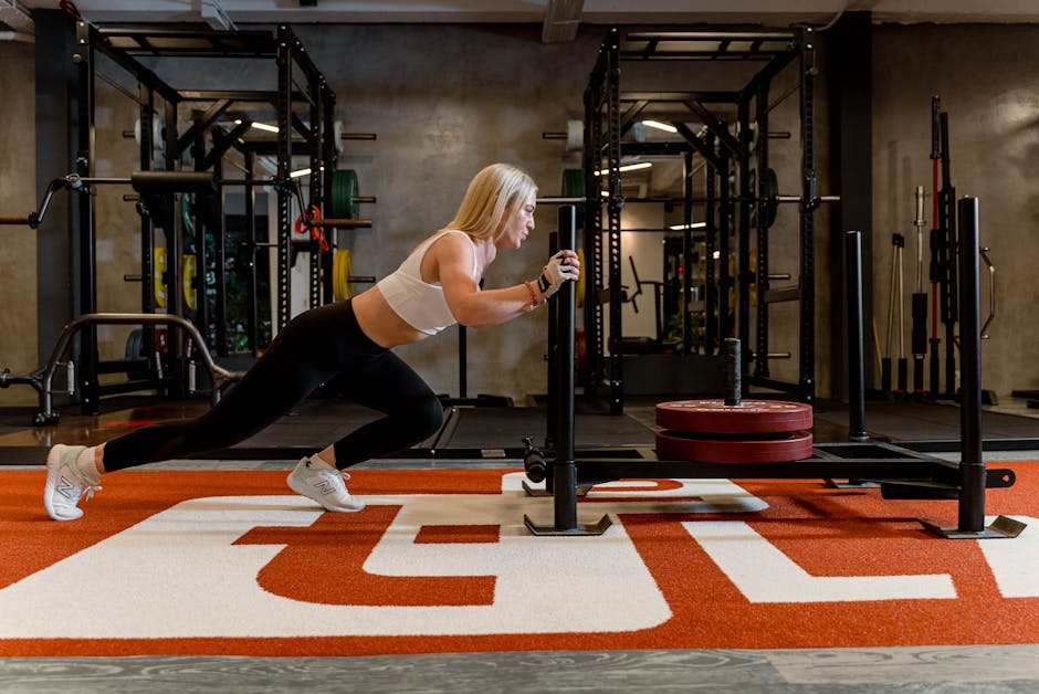 A focused young woman pushes a prowler in a modern gym. Strength and determination.
